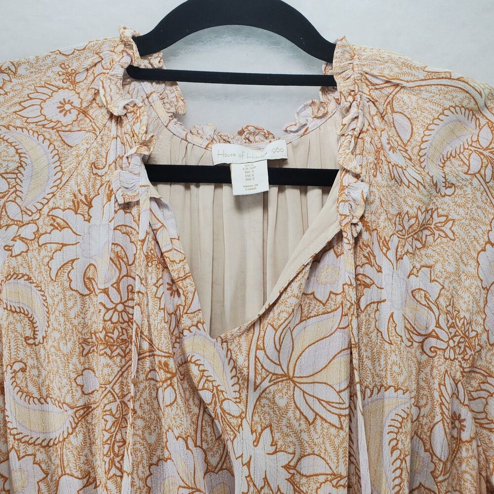 sz S House of Harlow 1960 Long Sleeve Peasant Dress Short Neutral Beige Bohemian - Picture 7 of 13